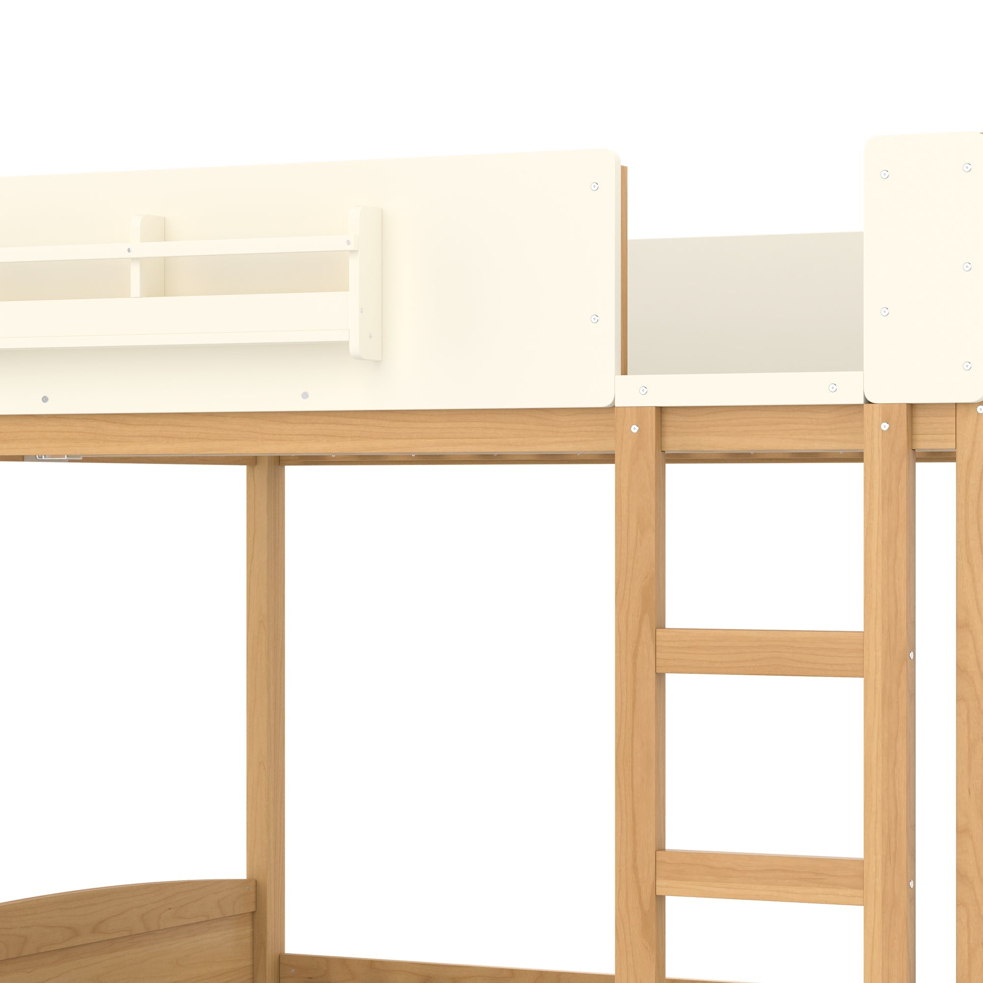 Queen Bunk Bed with Trundle , Wood Bunk Bed Frame with Built-in Bookshelf and High-quality Safety Guardrail,Automobile Form Design for Kids,Natural＆Beige