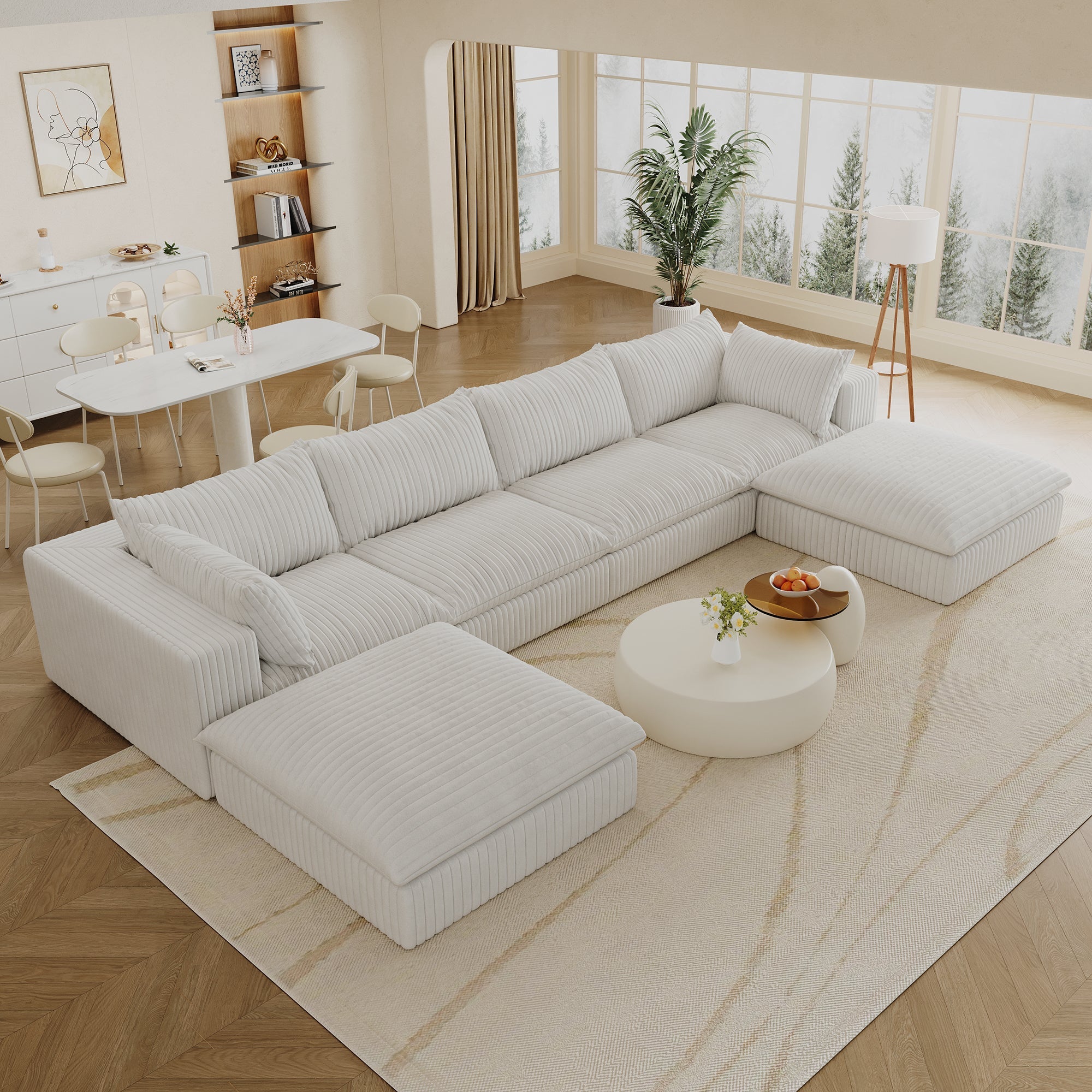 157.6'Cloud Sofa,Corduroy Fabric,Deep Seat Couches,Double-layer design,Removable  Cushion,No Assembly,DIY Combination for Living room, Bedroom,Conference room ,Apartment,White