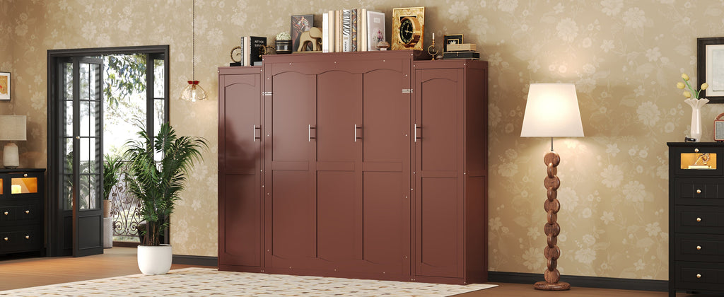 Full Size Murphy Bed, Wooden Full Wall Bed with 2 Wardrobe and Storage Shelf, Multifunctional Foldable Platform Bedframe for Guest-Room, Bedroom, Walnut