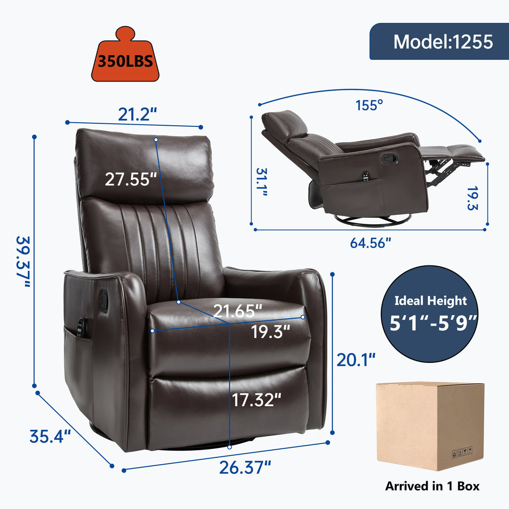 Brown Faux Leather Heat Massage Manual Recliner Chair with Rocker and Swivel for Living Room