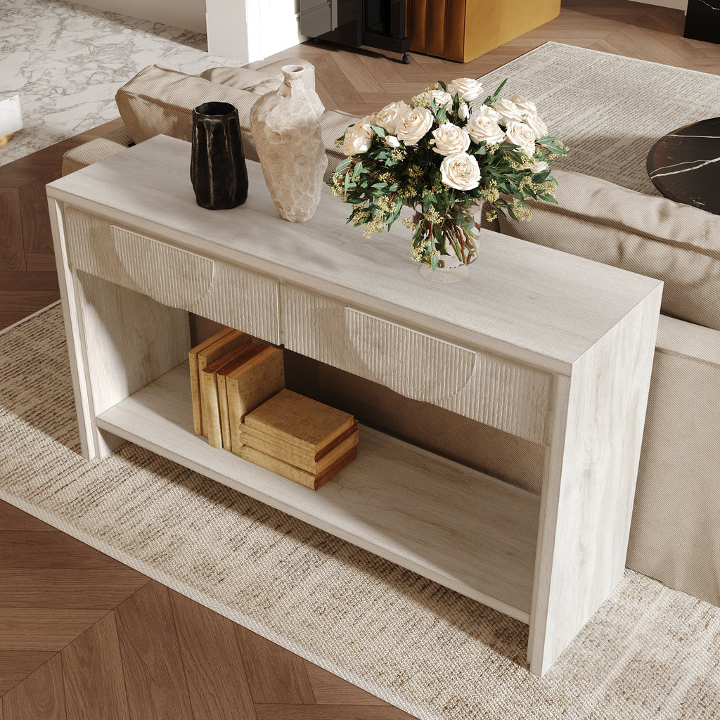 Farmhouse Style Console Table – 55.12' Long Distressed Wood Sofa Table with Storage Drawers & Open Shelf - White