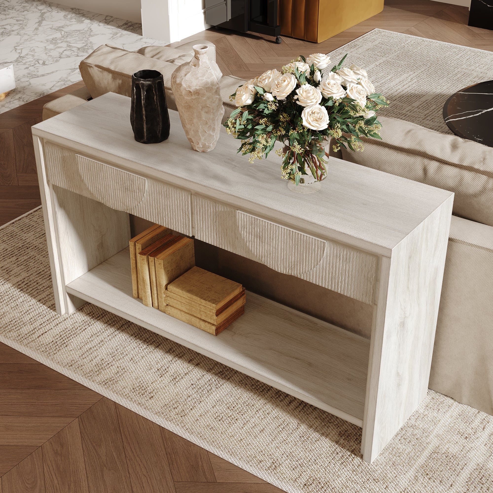 Farmhouse Style Console Table – 55.12' Long Distressed Wood Sofa Table with Storage Drawers & Open Shelf - White