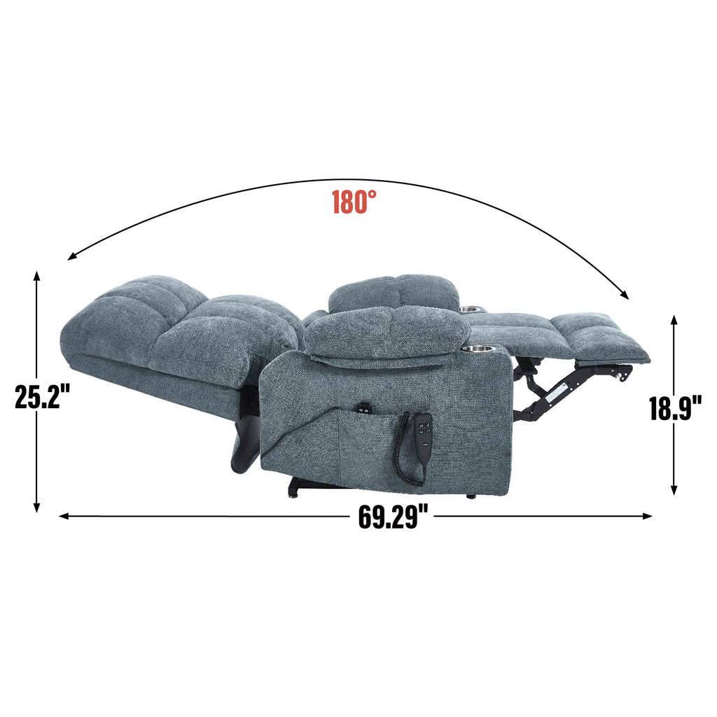Grey Dual Motor Infinite Position Up to 350 LBS Chenille Power Lift Recliner Chair, Heavy Duty Motion Mechanism with 8-Point Vibration Massage and Lumbar Heating, Dual Cup Holders