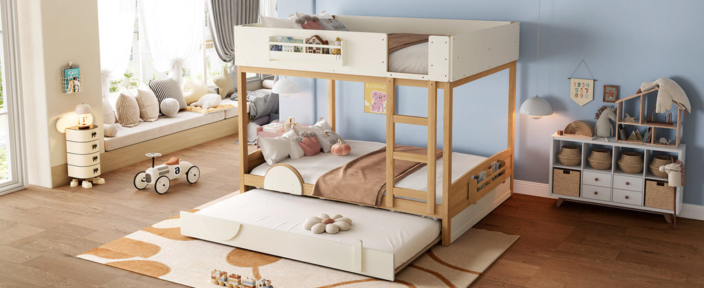Queen Bunk Bed with Trundle , Wood Bunk Bed Frame with Built-in Bookshelf and High-quality Safety Guardrail,Automobile Form Design for Kids,Natural＆Beige
