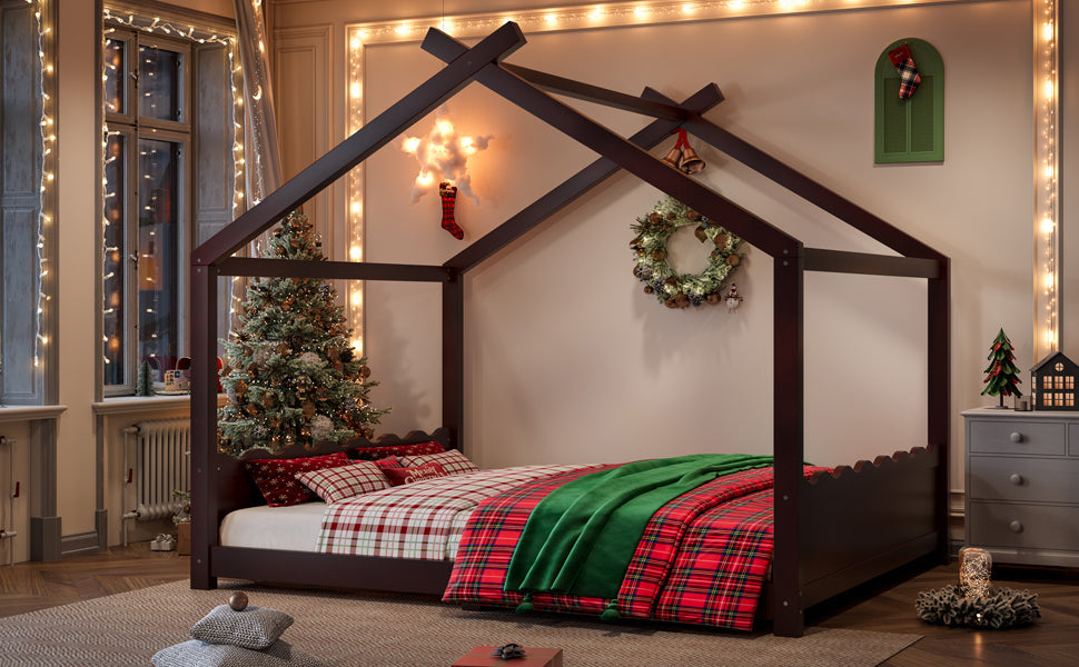 Queen House Floor Bed with Support Slats, Solid Wood House Bed Frame for Kids, No Box Spring Needed and Opening Constructure, Espresso