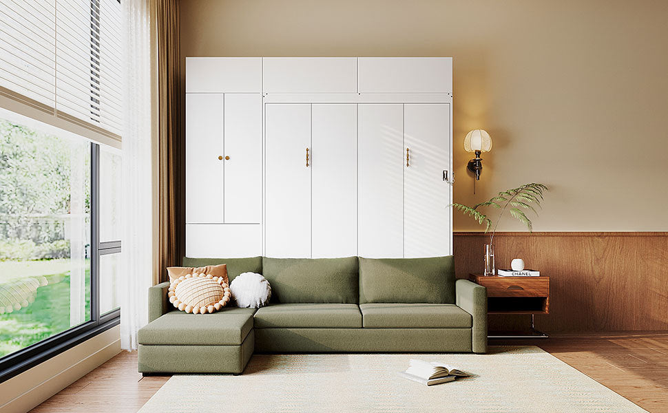 Queen Size Murphy Bed Wall Bed with Sofa and Shelves,White Panel, Green Sofa