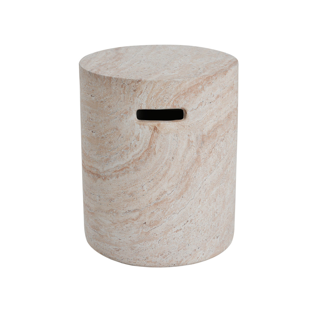Modern Concrete Side Table with Travertine Finish, Indoor/Outdoor Use, Beige, 15.5 x 15.5 x 18.5 inches
