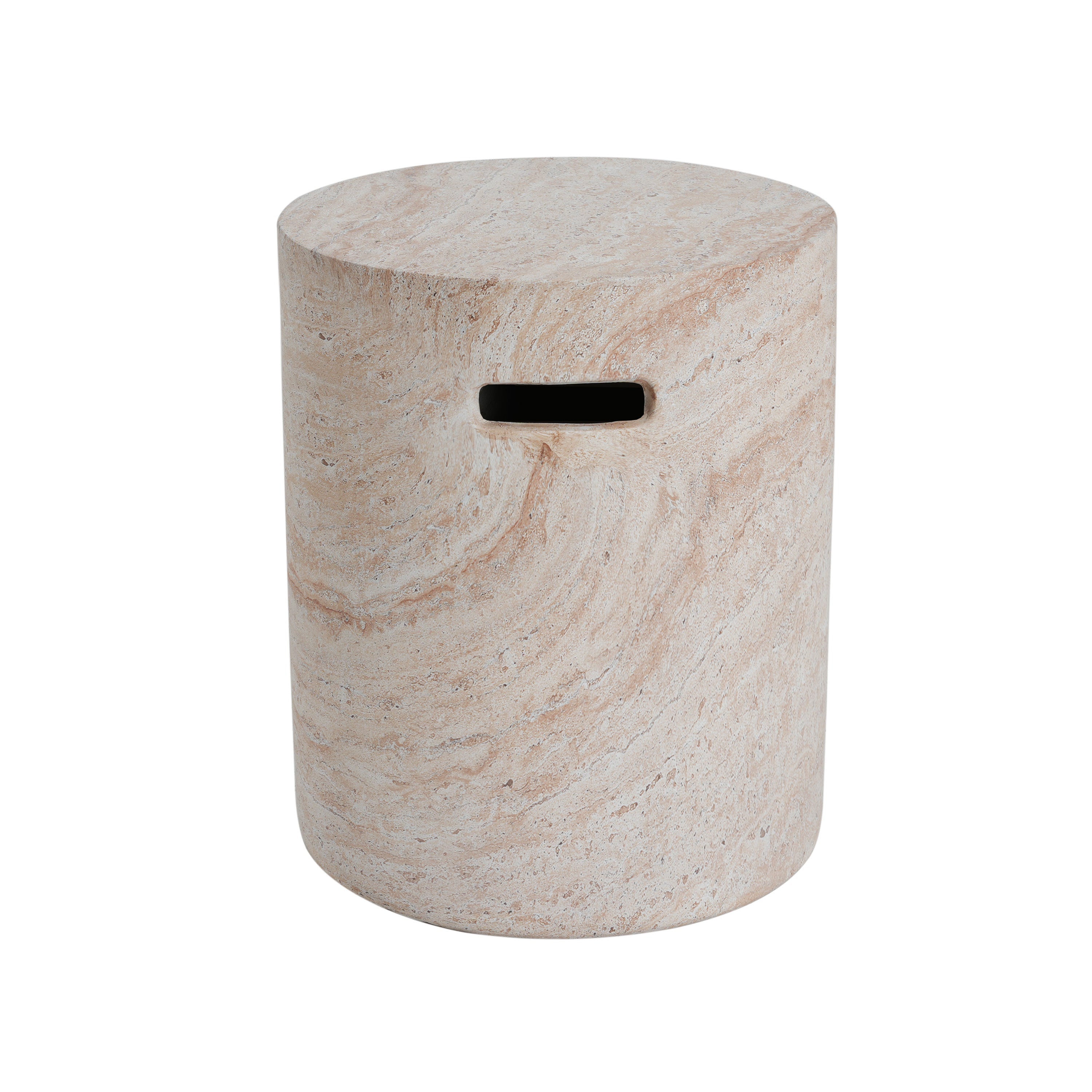 Modern Concrete Side Table with Travertine Finish, Indoor/Outdoor Use, Beige, 15.5 x 15.5 x 18.5 inches