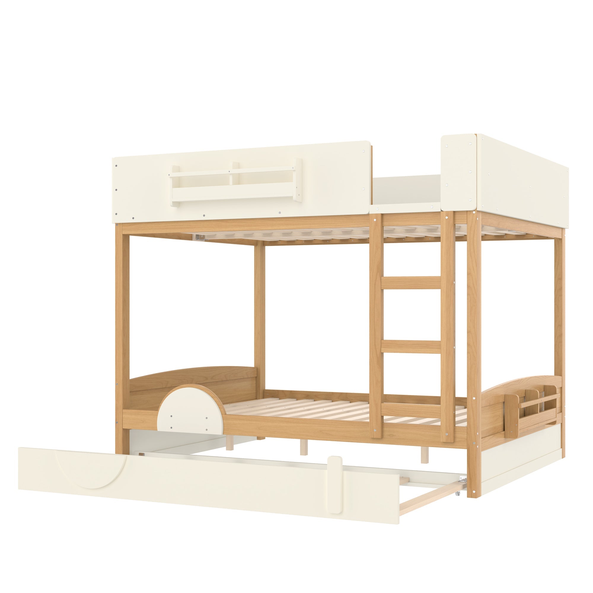 Queen Bunk Bed with Trundle , Wood Bunk Bed Frame with Built-in Bookshelf and High-quality Safety Guardrail,Automobile Form Design for Kids,Natural＆Beige