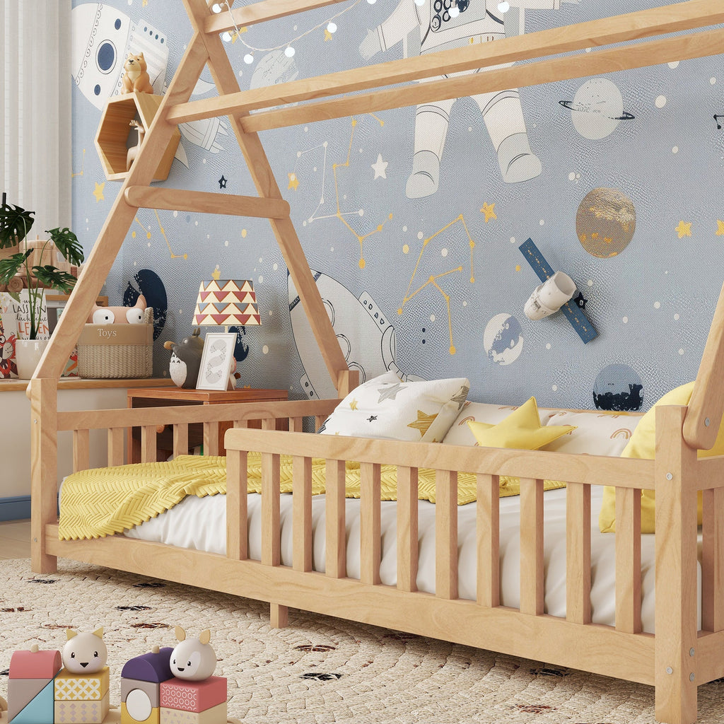 Twin House Bed with Light, Low Floor House Bed with Fence and Roof for Kids Boys Girls,Natural(Expect arrive date 2025/7/20)