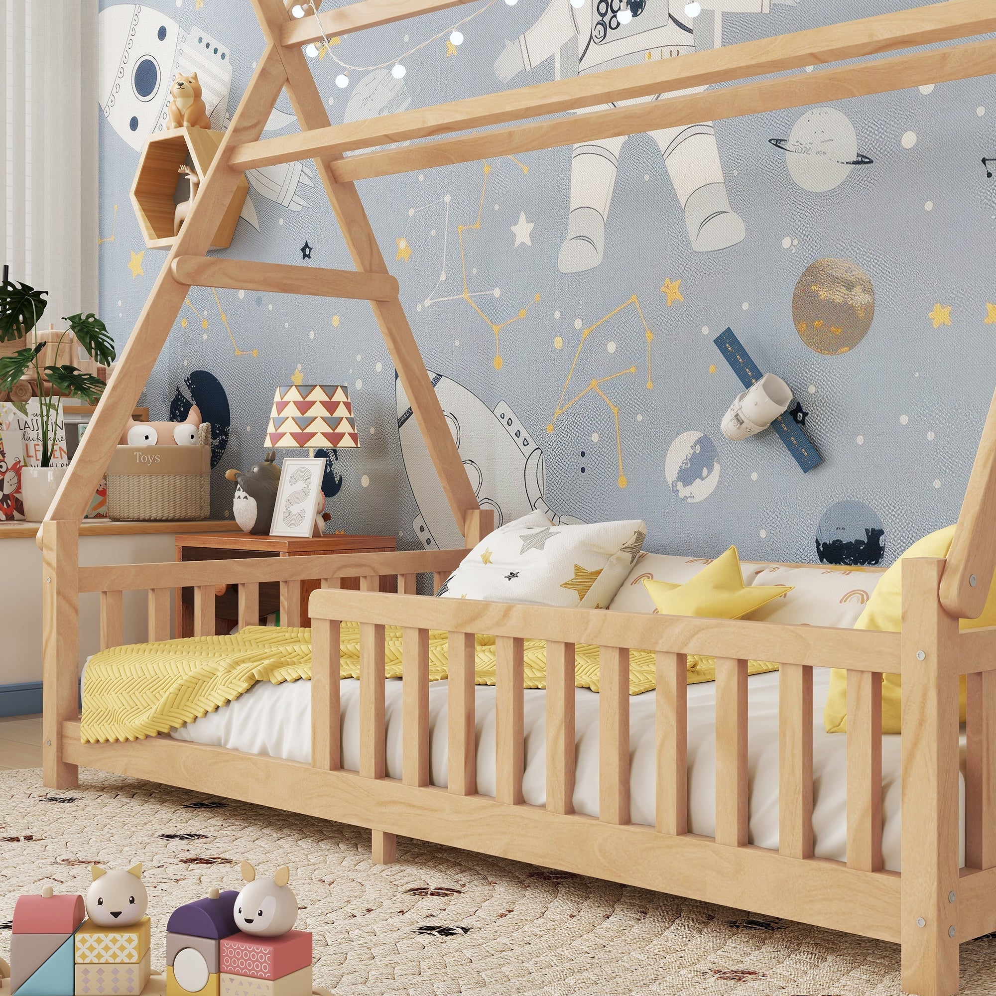 Twin House Bed with Light, Low Floor House Bed with Fence and Roof for Kids Boys Girls,Natural(Expect arrive date 2025/7/20)