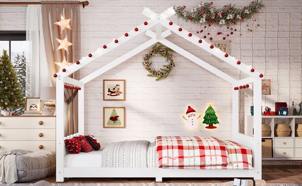 Full House Floor Bed with Support Slats, Solid Wood House Bed Frame for Kids, No Box Spring Needed and Opening Constructure, White