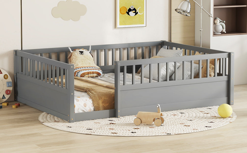 Full Floor Bed Frame with Fence, Montessori wooden children's floor bed,Wood Kids Floor Beds Frame for Bedroom Playroom,Gray