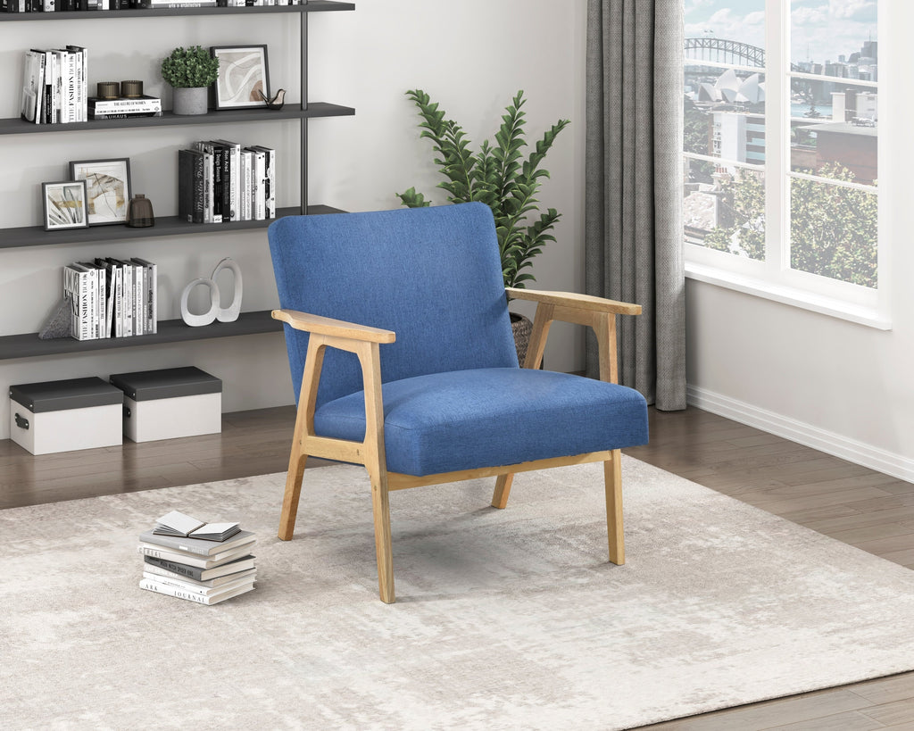 Modern Home Furniture Blue Fabric Upholstery 1pc Accent Chair Solid Rubberwood Natural Finish Contemporary Cushion Seat