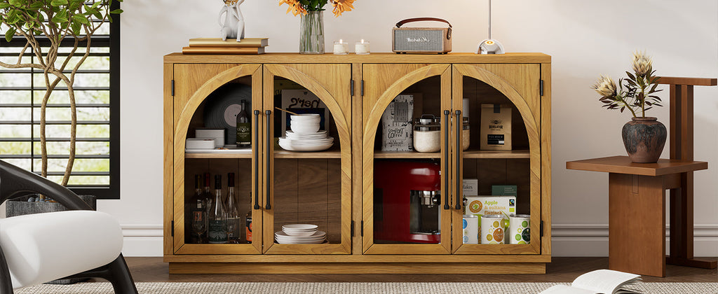 TREXM 4-Door Large Storage Sideboard Buffet Cabinet with Glass Doors, Arched Cabinet with Adjustable Shelves for Kitchen, Dining Room and Living Room (Natural Wood)