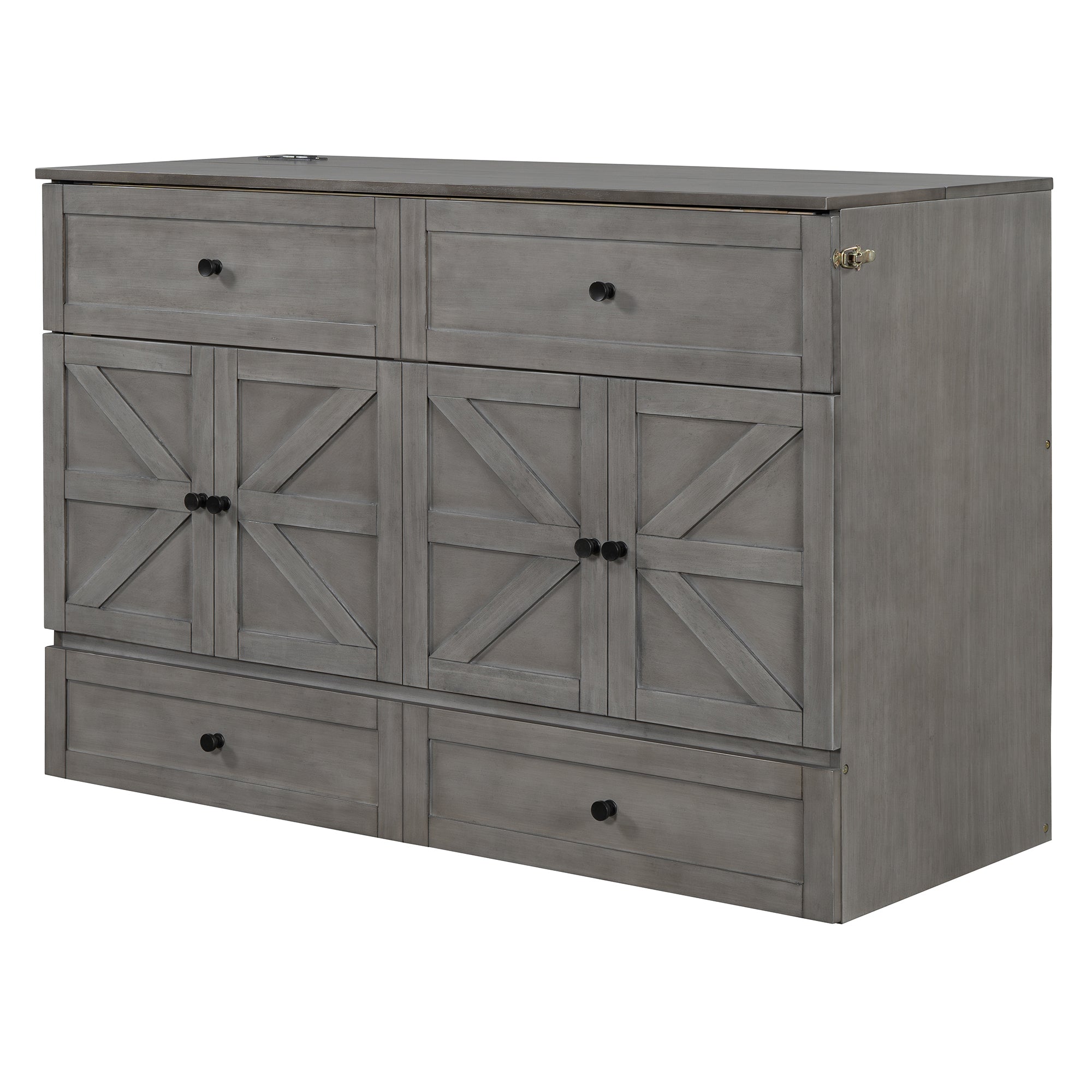 Queen Size Murphy Bed with Large Drawers & USB Ports,Brushed Gray
