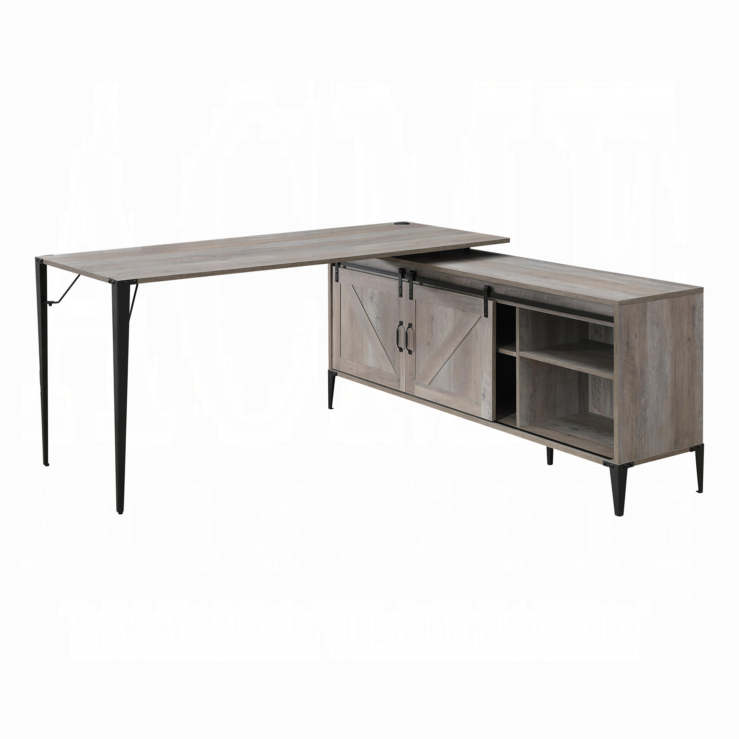 L-Shape Writing Desk with Cabinet, Gray Oak and Black