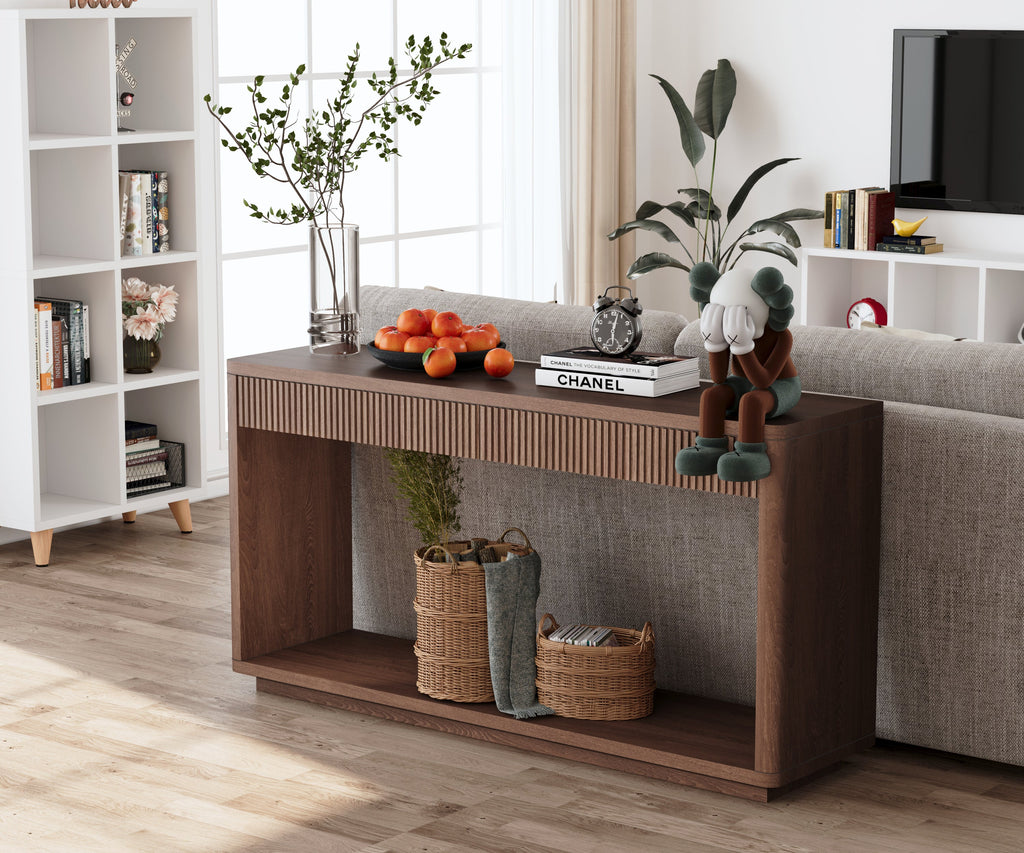 60' Modern 2-Drawer Fluted Console Table Natural Wood Veneer Sofa Table Behind Couch Table for Living Room, Hallway, Entryway, Home Office, Walnut