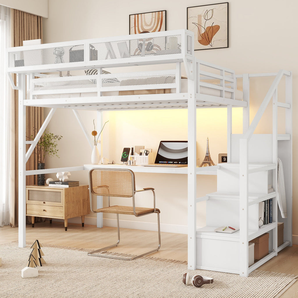 Full Loft Bed with Desk and Charging Station, Full Size Metal Loft Bed with Stairs and Light for Kids Teens,White OLD  SKU W2580S00046