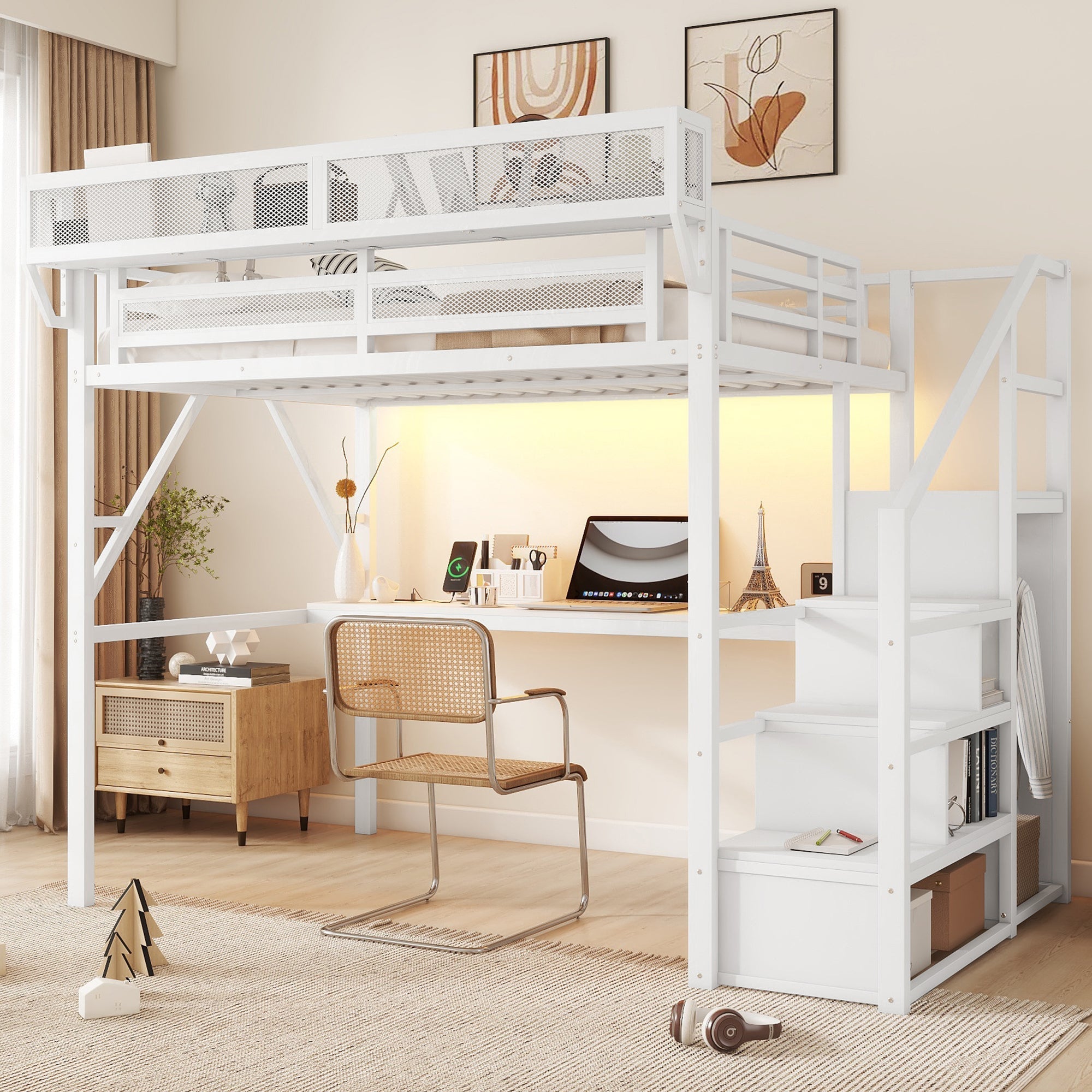 Full Loft Bed with Desk and Charging Station, Full Size Metal Loft Bed with Stairs and Light for Kids Teens,White OLD  SKU W2580S00046