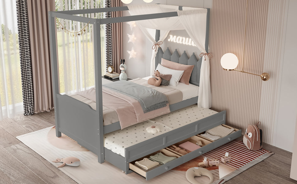 Twin Platform Bed with Upholstered Headboard,Twin Size Trundle and 3 Drawers,Princess Canopy Bed Frame for Kids,Storage & Easy Assembly,Gray