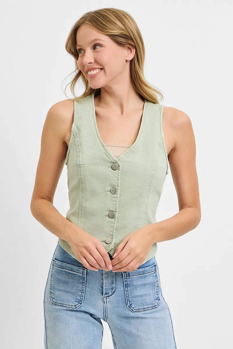 RISEN Full Size V Neck Button Down Vest