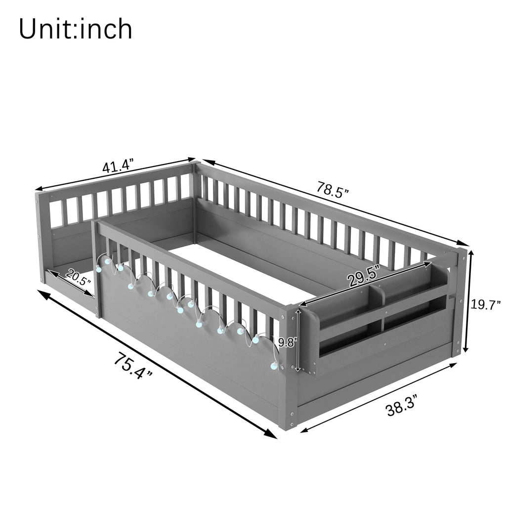 Twin Montessori Floor Bed Frame with High Rails, Wood Kids Floor Beds with Light and Storage Shelf, Gray (Expect Arrival Date 2025/8/15)
