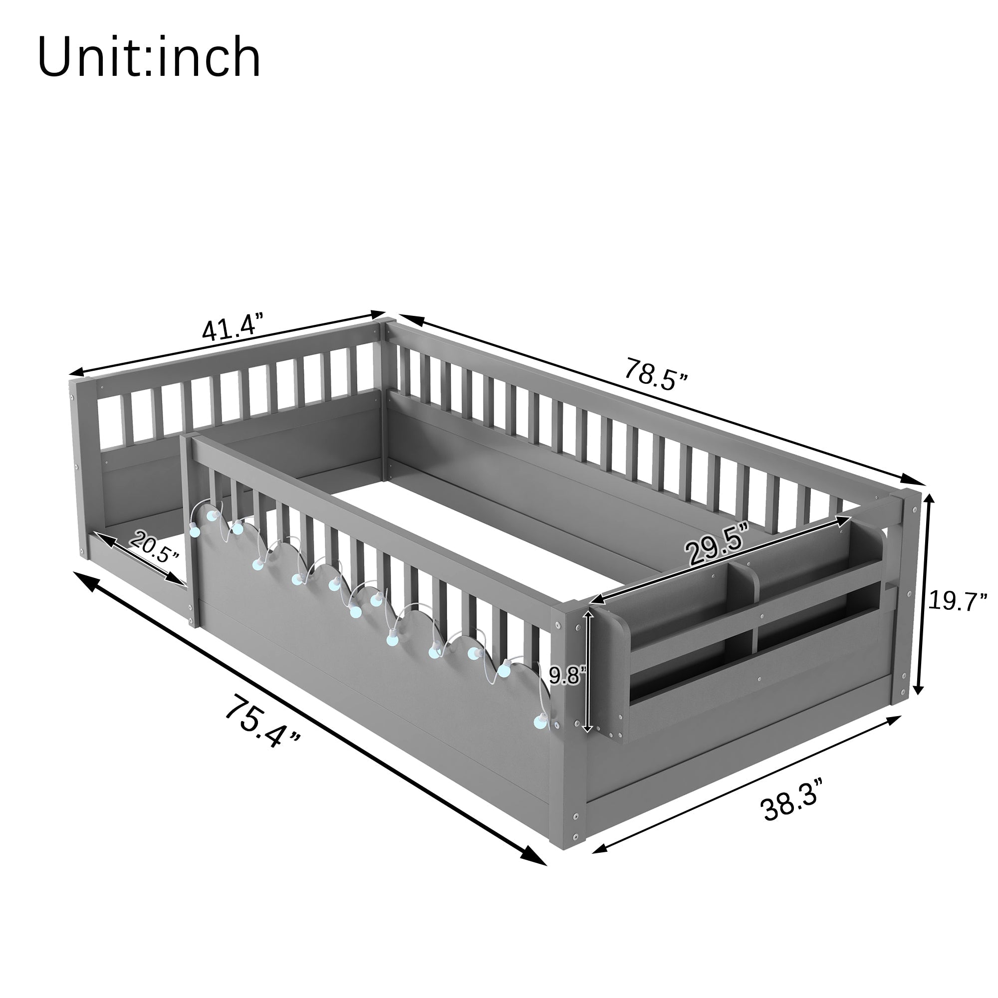 Twin Montessori Floor Bed Frame with High Rails, Wood Kids Floor Beds with Light and Storage Shelf, Gray (Expect Arrival Date 2025/8/15)