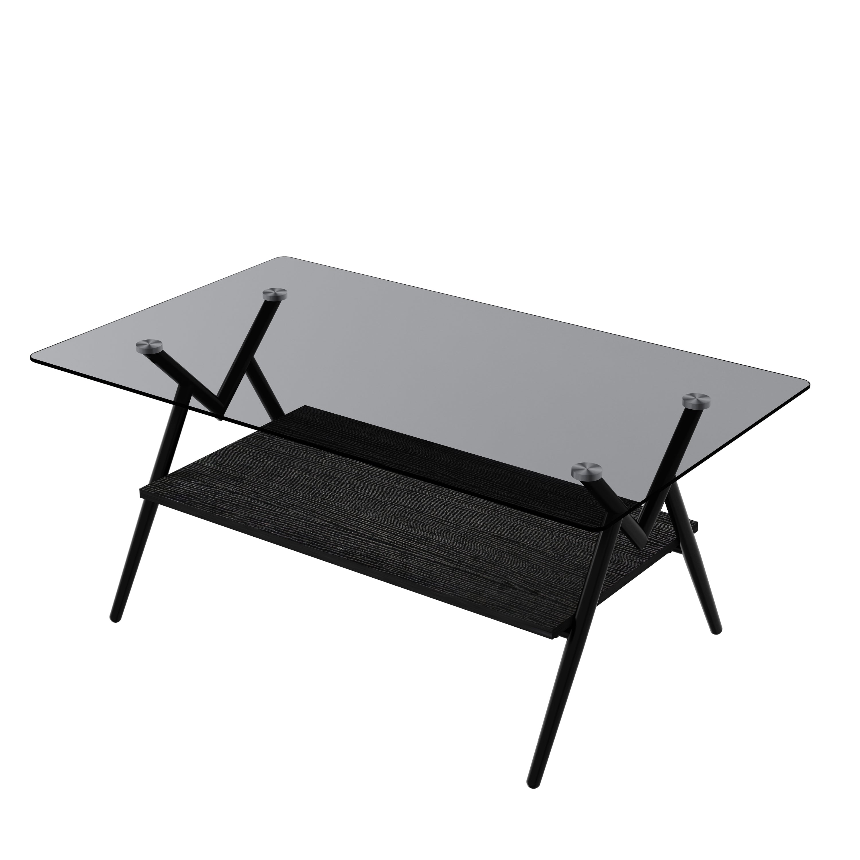 Rectangle Coffee Table with Tempered Glass top and Black MDF Shelf, Modern Table for Living Room, Gray Glass