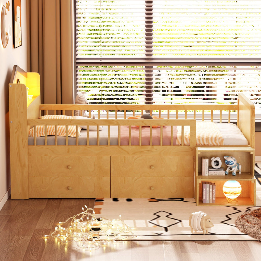 Low Loft Bed with LED Lights, Wooden Twin Loft Bed with House Shape Headboard, Kids Loft Bed with Storage Drawers, Natural (Expect Arrival Date 2025/1/20)