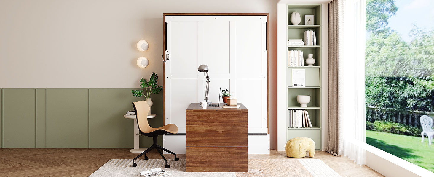 Full Size Murphy Bed with Foldable Desk – Space Saving Wall Bed - Walnut & White