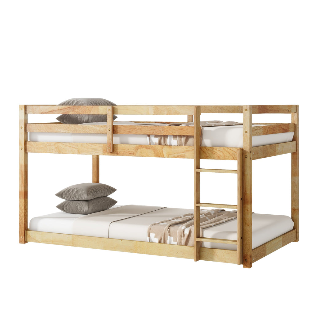 Solid Wooden, Solid Rubber Wooden Twin over Twin Floor Bunk Bed with Ladder, with Bed Platform of Strengthened Slats  , Natural