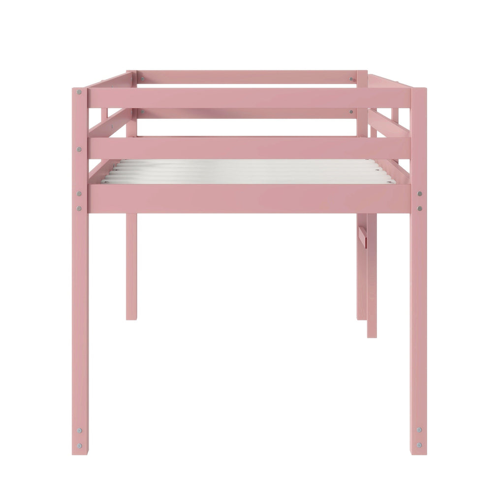 Solid Wooden, Rubber Wooden Twin Loft Bed with Ladder, Bed Platform of Strengthened Slats, Pink