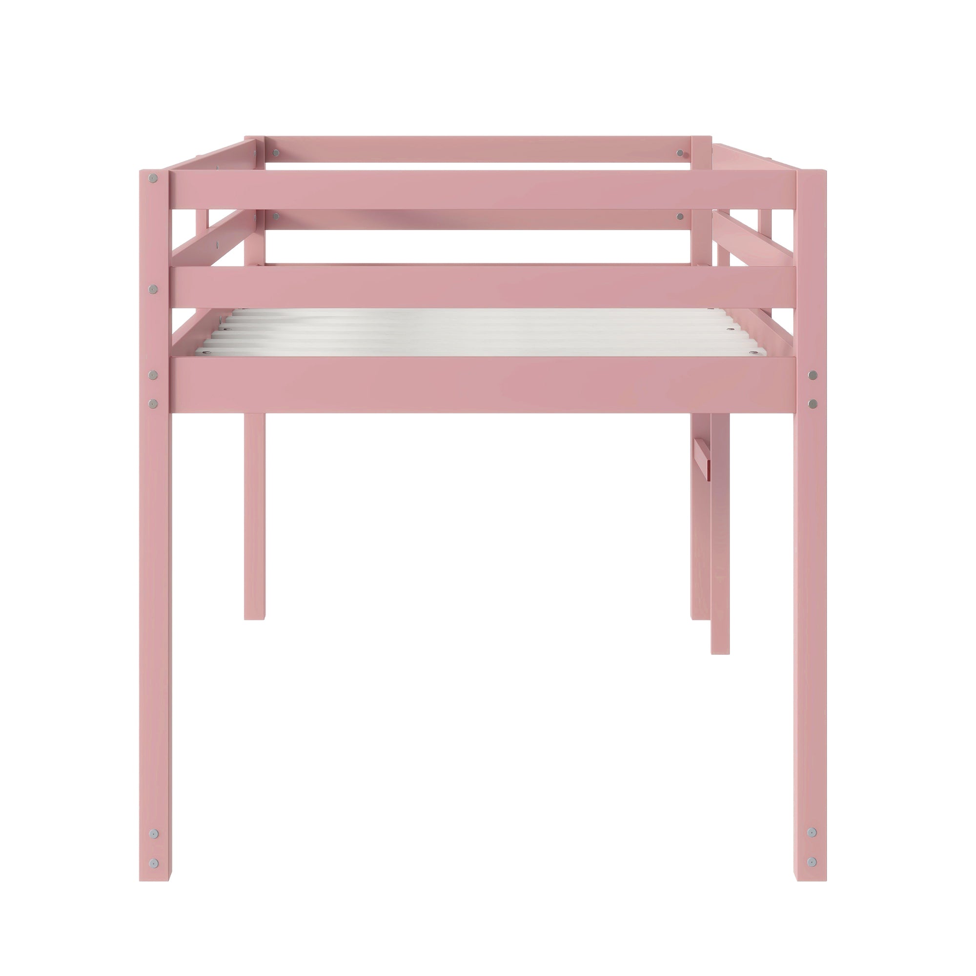 Solid Wooden, Rubber Wooden Twin Loft Bed with Ladder, Bed Platform of Strengthened Slats, Pink