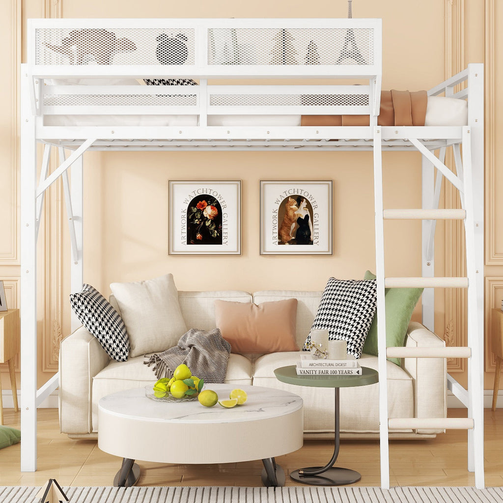 Queen Size Loft Bed with Ladder, Metal Queen Loft Bed with Storage Shelves, High Loft Bed for Kids Teens, White(Expect Arrival Date 2025/12/3  Old SKU W2580P351278)