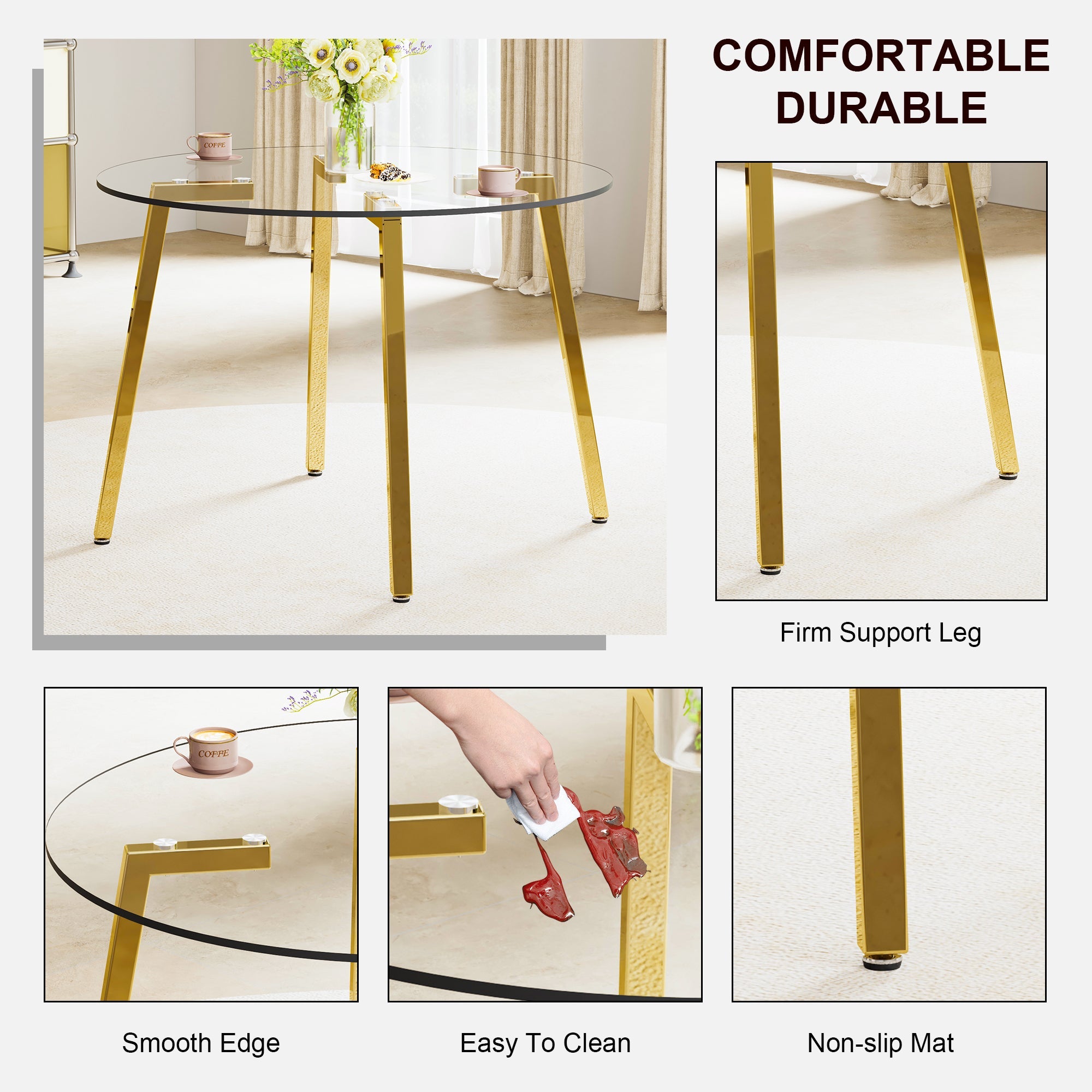 Modern minimalist style circular transparent tempered glass table, tempered glass tabletop, golden metal legs, suitable for kitchen, dining room, and living room, 42 '* 42' * 29.5 '1123r