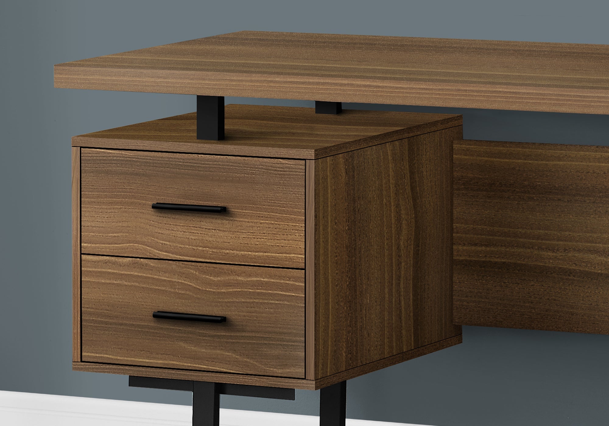 Computer Desk, Home Office, Laptop, Left, Right Set-up, Storage Drawers, 60'l, Work, Walnut Laminate, Black Metal, Contemporary, Modern