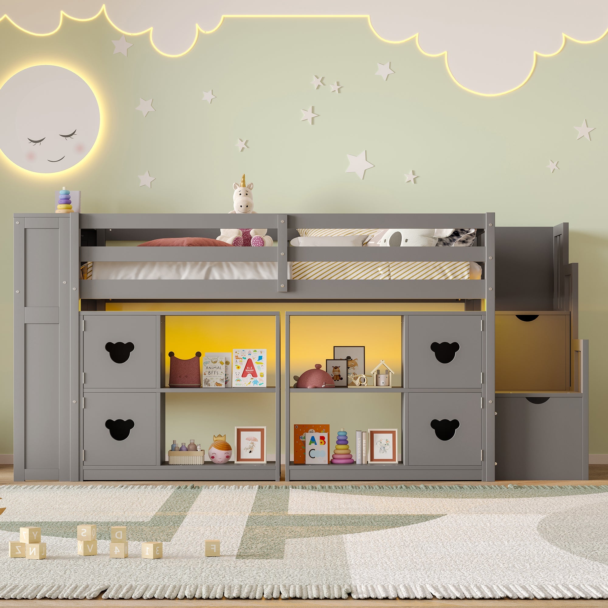 Kids Twin Loft Bed with Storage Cabinets, Staircase Drawers & LED Lights – Solid Wood Low Loft Bed with Shelves, Guardrails, and Fun Bear Handles – Space-Saving Design for Boys & Girls Bedroom