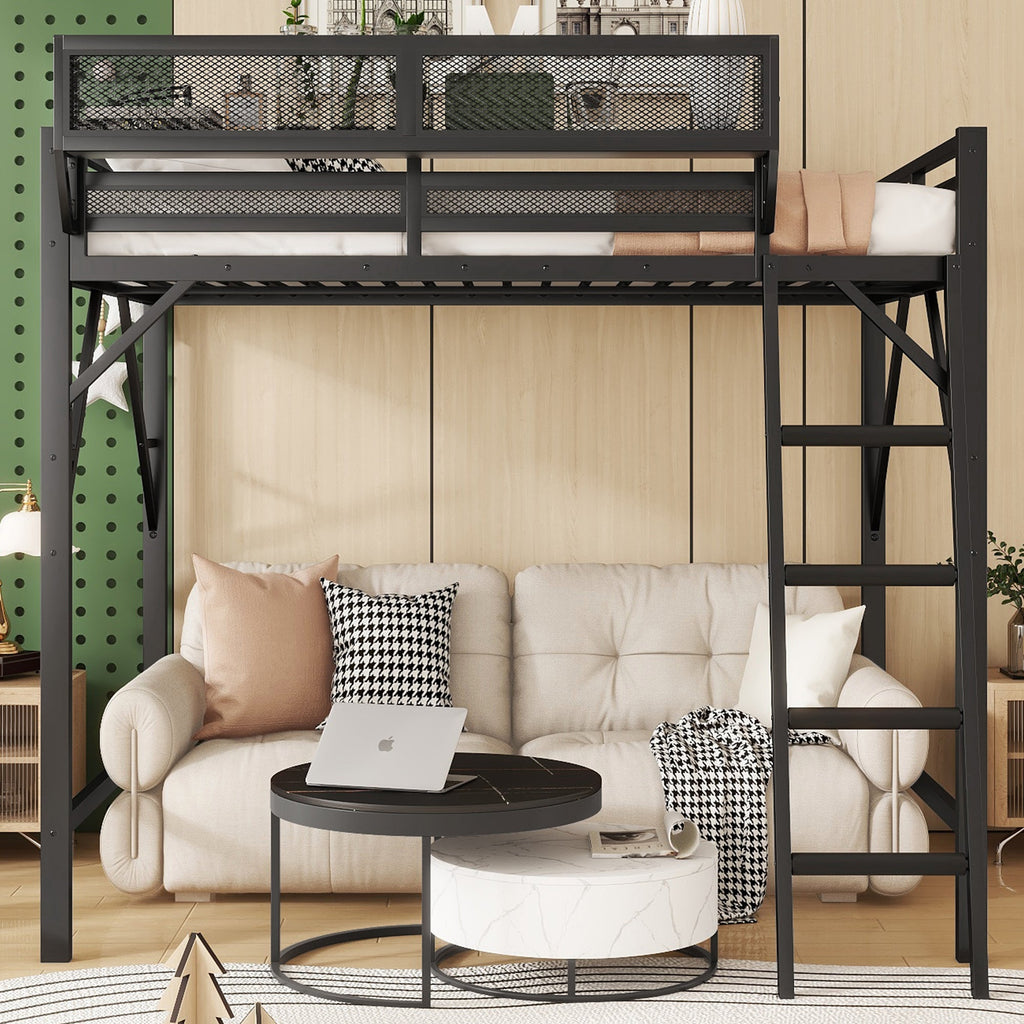 Queen Size Loft Bed with Ladder, Metal Queen Loft Bed with Storage Shelves, High Loft Bed for Kids Teens, Black(Expect Arrival Date 2025/12/3, Old SKU W2580P353530)