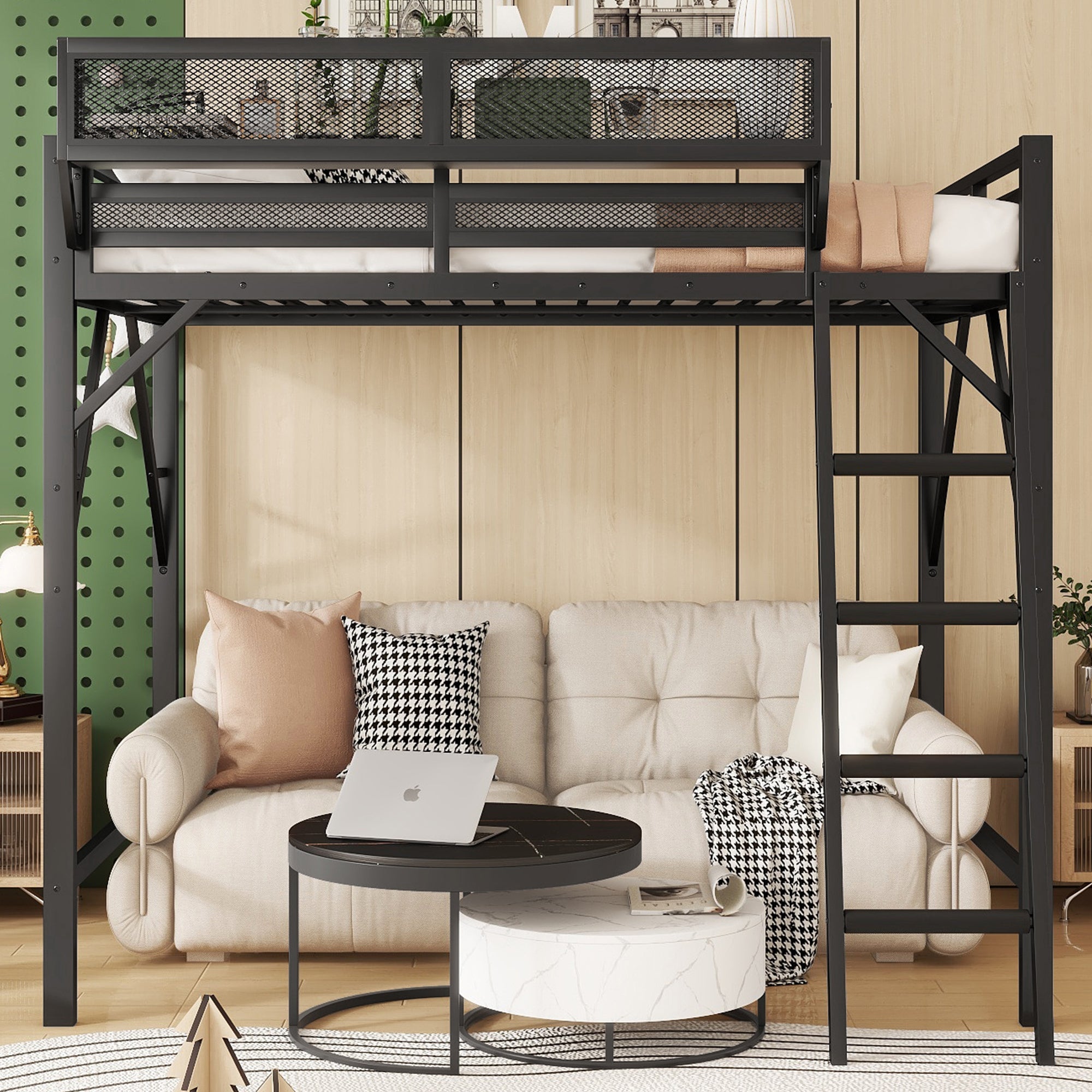 Queen Size Loft Bed with Ladder, Metal Queen Loft Bed with Storage Shelves, High Loft Bed for Kids Teens, Black(Expect Arrival Date 2025/12/3, Old SKU W2580P353530)