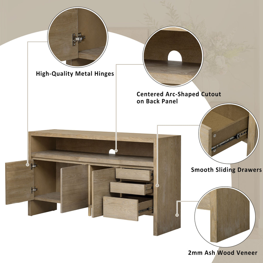 U_Style 60' 3-Door Sideboard with 3 Drawers - Modern Solid Ash Veneer MDF Sideboard, Semi-Open Shelf & Center Semi-Circular Cutout in Back Panel, Large Storage Cabinet for Living Room, Hallway, Dining