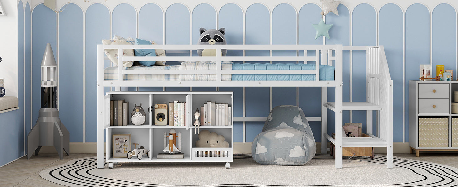 Twin Metal Loft Bed with Storage Cubby, Low Metal Loft Bed with Stairs for Kids, White, Expect Arrival Date 2025/11/10
