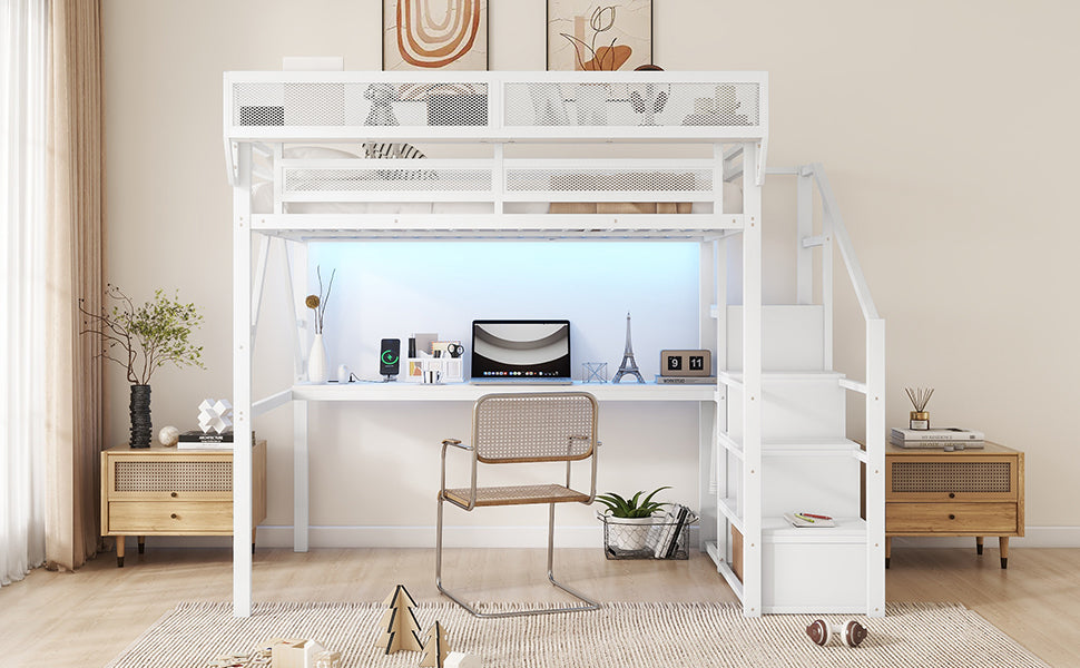 Full Loft Bed with Desk and Charging Station, Full Size Metal Loft Bed with Stairs and Light for Kids Teens,White OLD  SKU W2580S00046