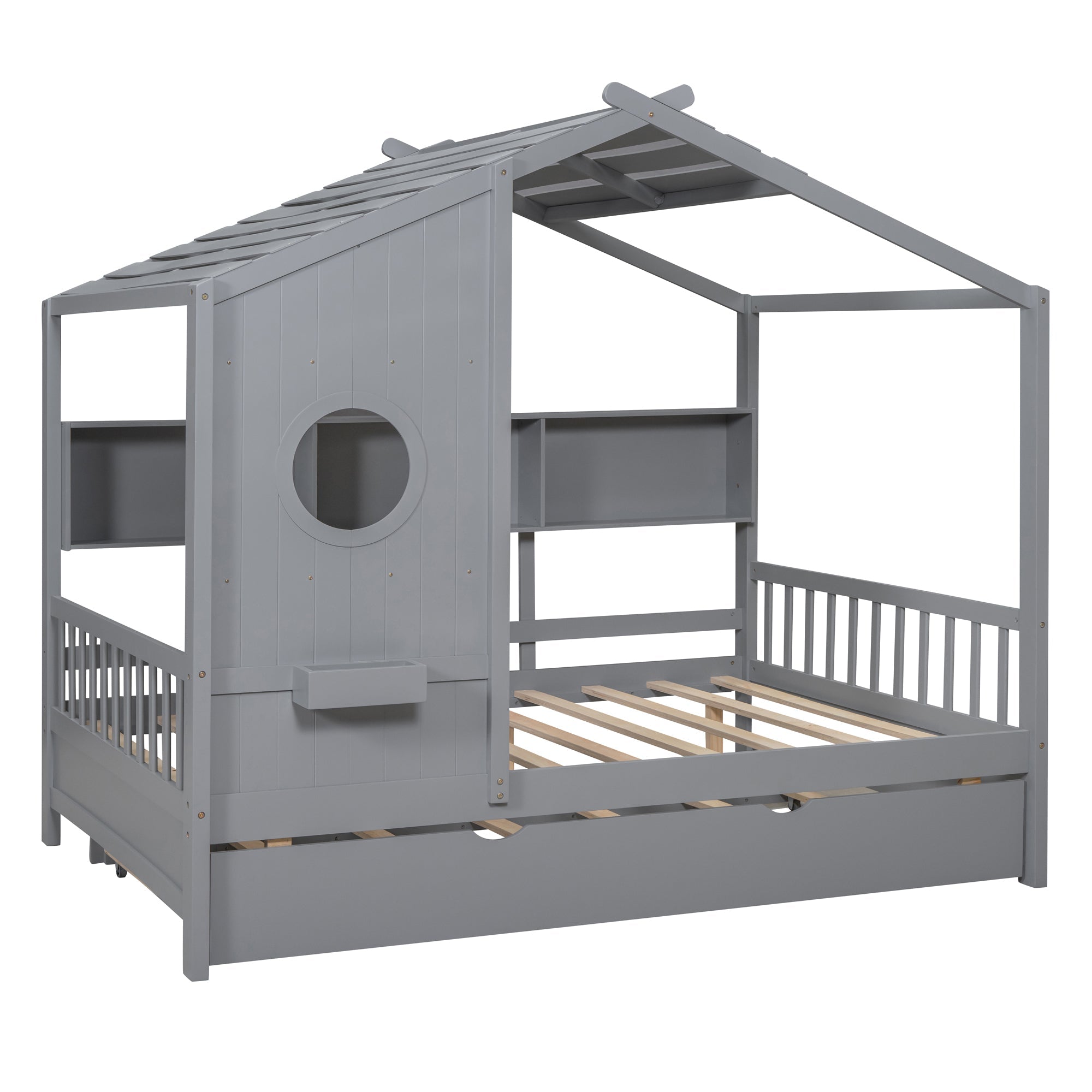 Wooden Full Size House Bed With Trundle, Modern Design for Kids with Storage Shlef, Gray(old SKU HL000095AAE)