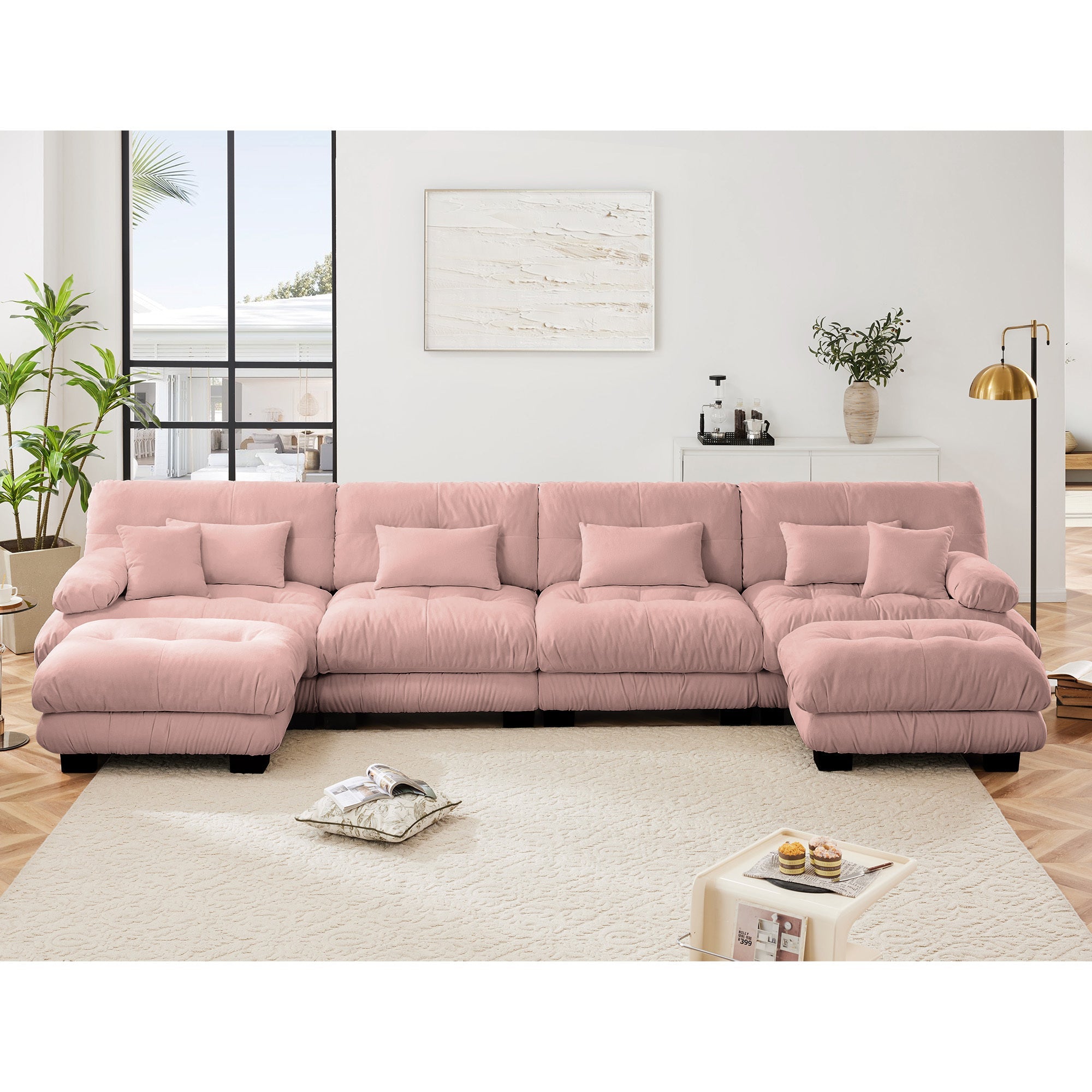 Free Combination Modular Sectional Sofa,U Shaped Couch for Living Room, 4-Seater Comfy Cloud Couch with 2 Ottomans, Chenille Pink