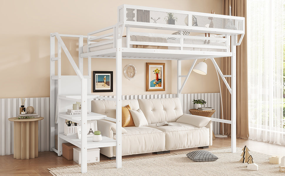 Twin Size Loft Bed with Stairs, Metal Full Loft Bed with Storage Shelves, High Loft Bed with Wardrobe for Kids Teens,White(Expect Arrival Date 2025/9/22)