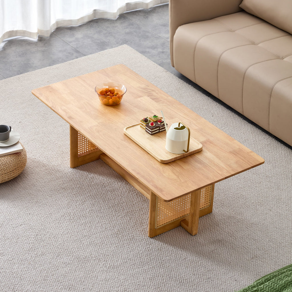 Natural rubber wood and solid wood coffee table  Modern minimalist rattan weaving design, living room balcony, multifunctional small-sized furniture