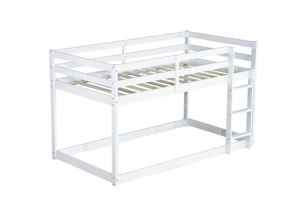 Solid Wooden, Solid Rubber Wooden Twin over Twin Floor Bunk Bed with Ladder, with Bed Platform of Strengthened Slats,White