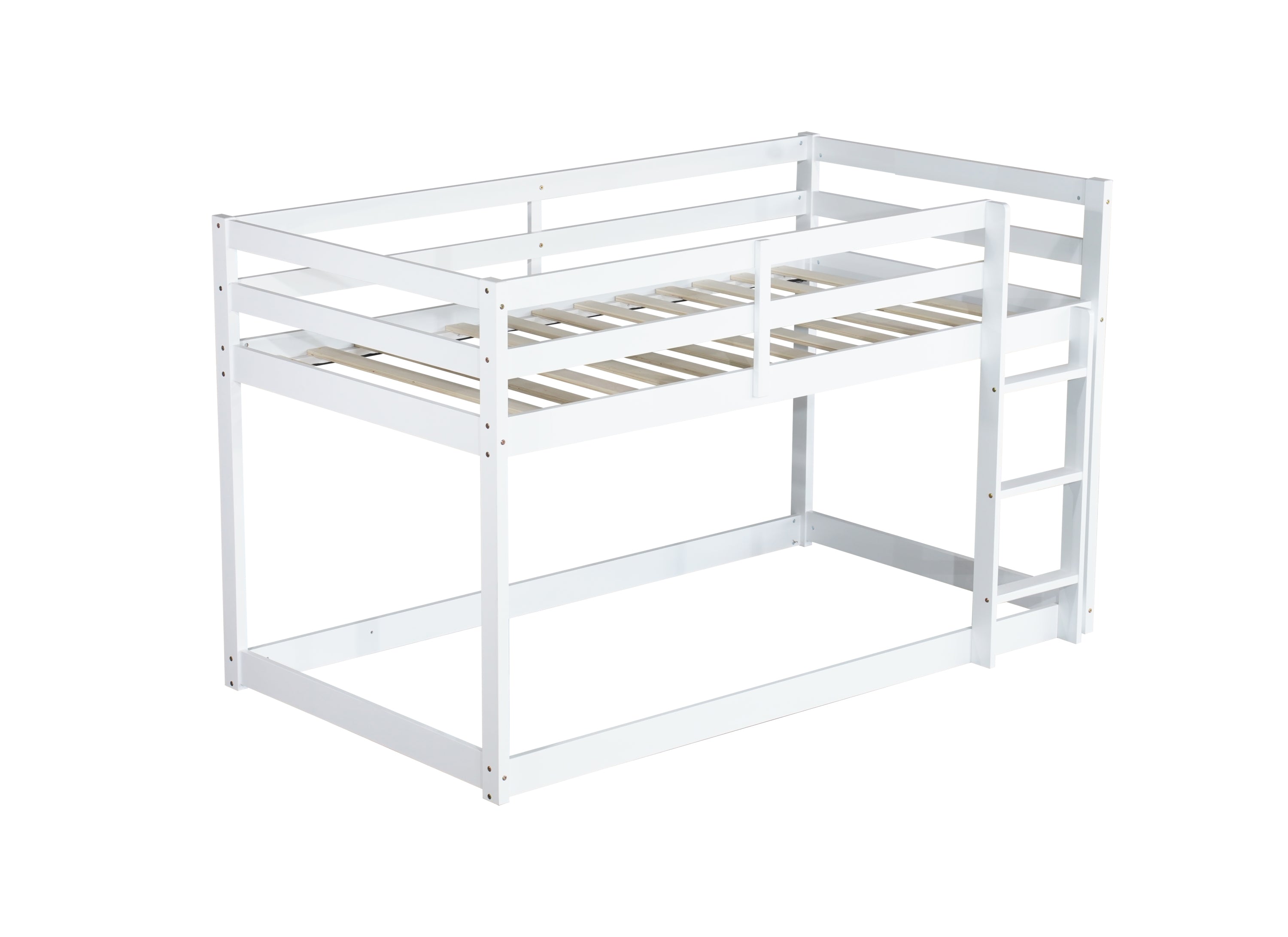 Solid Wooden, Solid Rubber Wooden Twin over Twin Floor Bunk Bed with Ladder, with Bed Platform of Strengthened Slats,White
