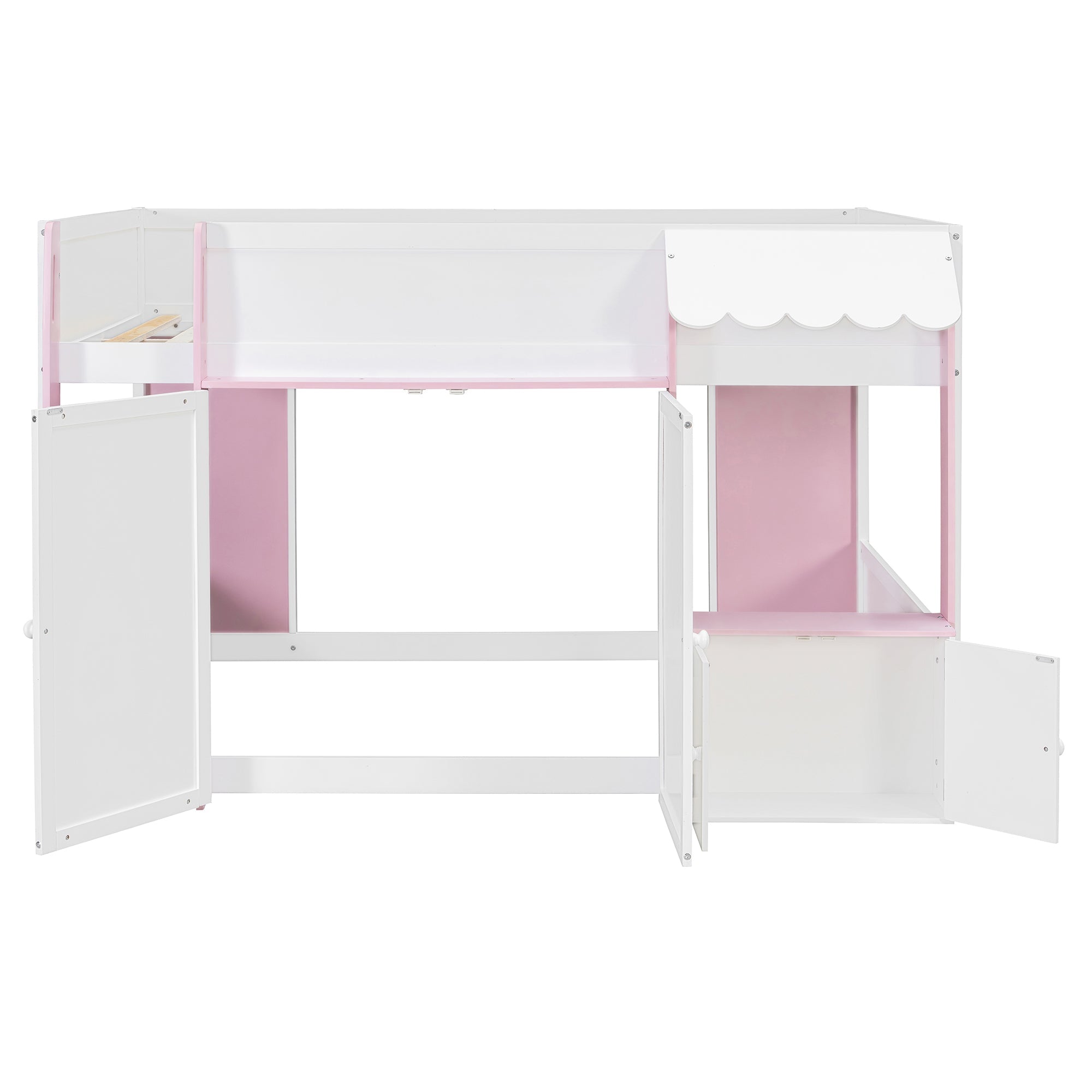 Full Loft House Bed with Playhouse & Storage, Modern Wood Cabin Bed for Kids/Teens, White+Pink